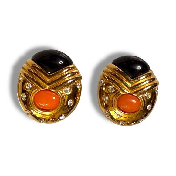 VTG Joan Rivers Earrings Womens Gold Tone Black Enamel Orange Cabochon Clip On - Picture 2 of 5